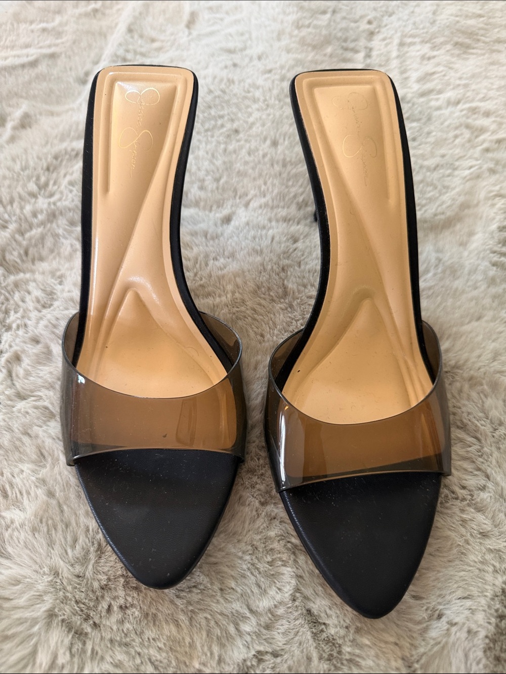 Clear Band Black Mule Heels for Women